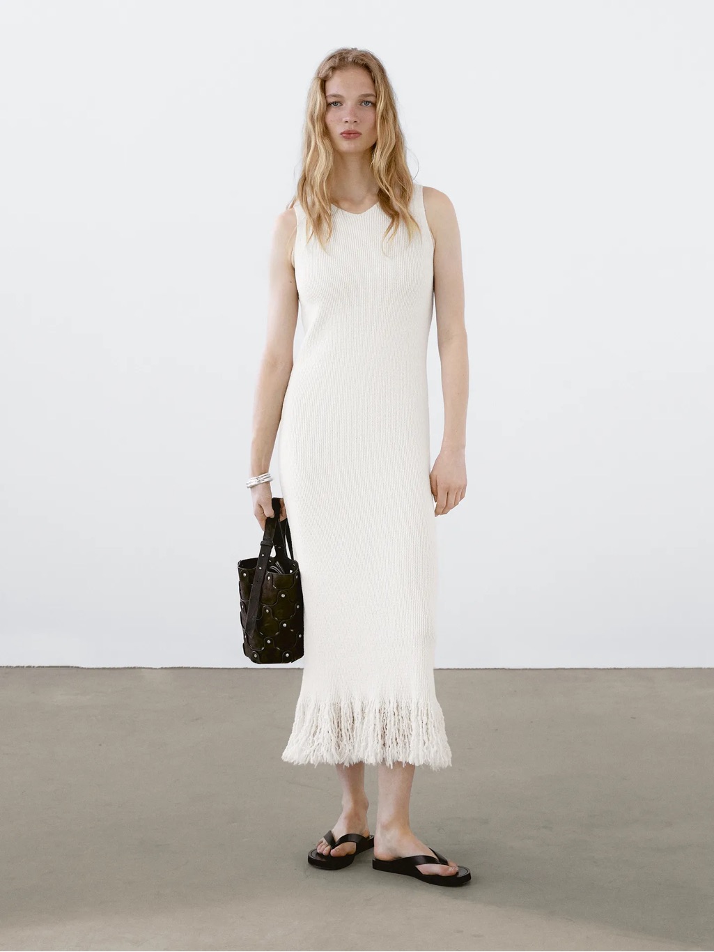 Massimo Dutti Sleeveless Cream Fringe-Hem Knit Maxi Dress